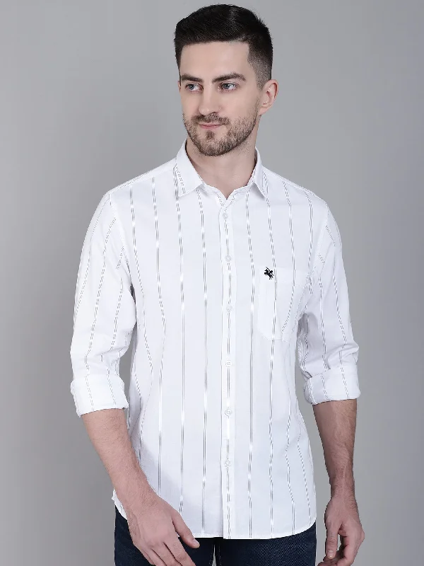 Today’s Deal Men's White Casual Narrow Stripe Full Sleeve Shirt