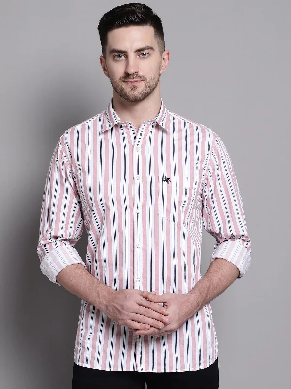 Final Sale Men's Light Peach Casual Narrow Stripe Full Sleeve Shirt