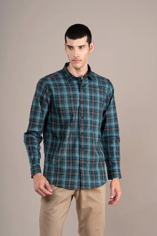 Act Now Men's Teal Check Full Sleeves Casual Shirt