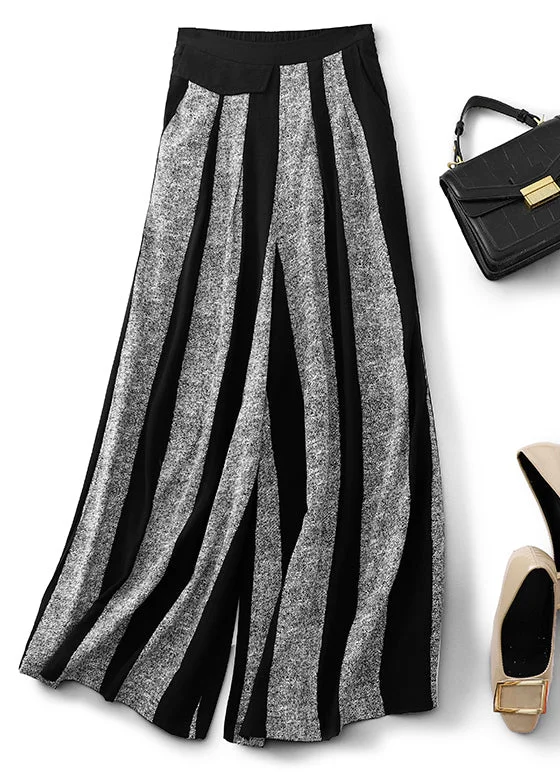 Hurry In Women Black Striped Patchwork Cotton Wide Leg Pants Fall