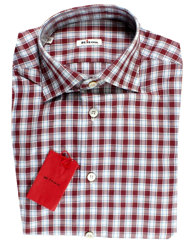 Low Prices Kiton Shirt White Maroon Blue Plaid 38 - 15 SALE