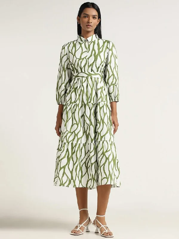 Great Bargain LOV Olive Printed Cotton Midi Dress with Belt