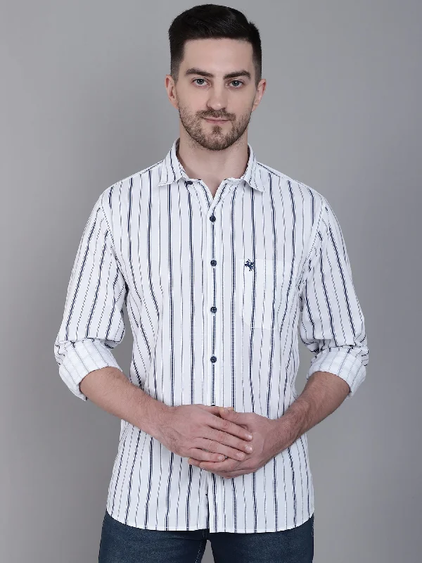 Price Slash Men's White Casual Narrow Stripe Full Sleeve Shirt