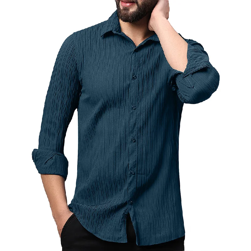 Weekend Discounts to Indulge In Crushed Self Stripe Dark Blue Shirt