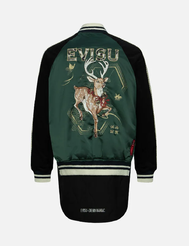 Can't Miss Rhinestone Patchwork Deer and Logo Embroidery Loose Fit Souvenir Jacket.