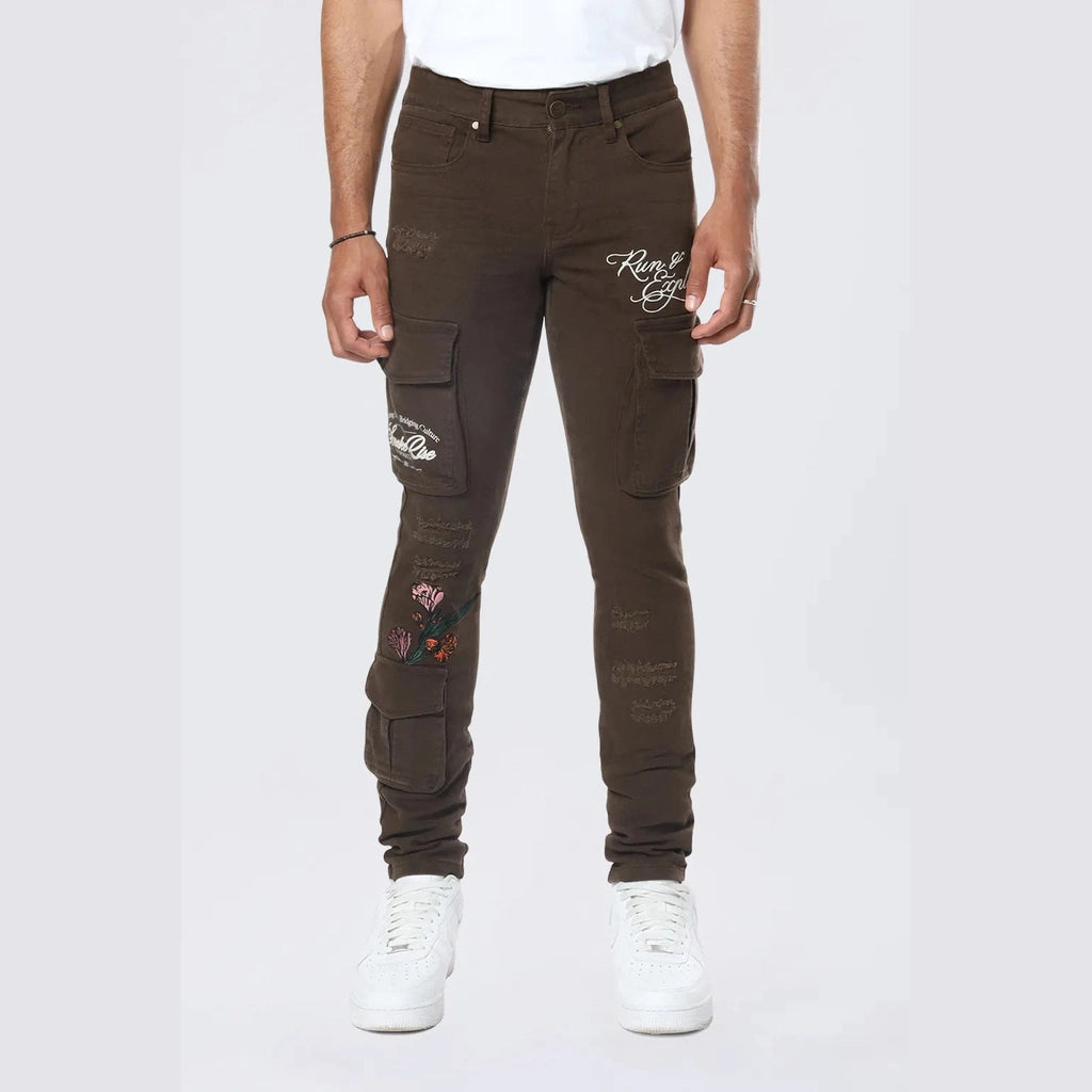 Shop and Save Slim Tapered Embroidered Cargo Twill Pants - Bison
