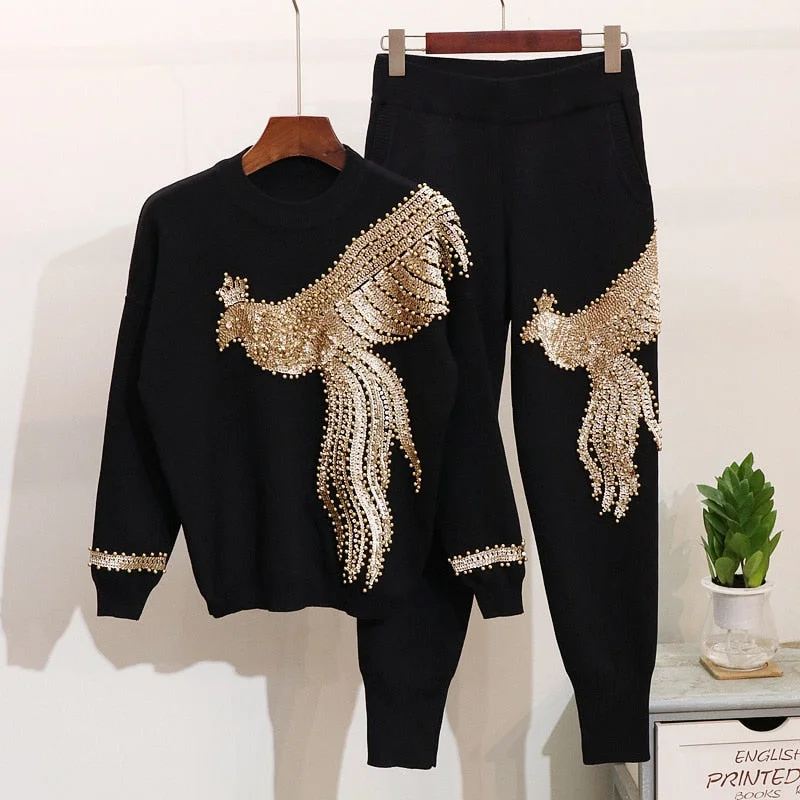 Unmissable Offer Golden Phoenix Beaded Sequined Knit Sweater & Pants Set