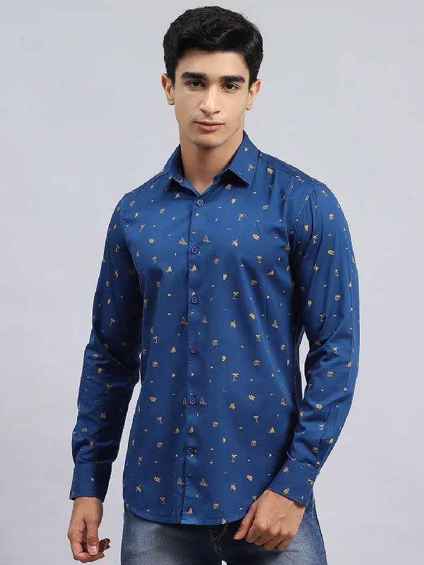 Stock Up Men Navy Blue Printed Shirt