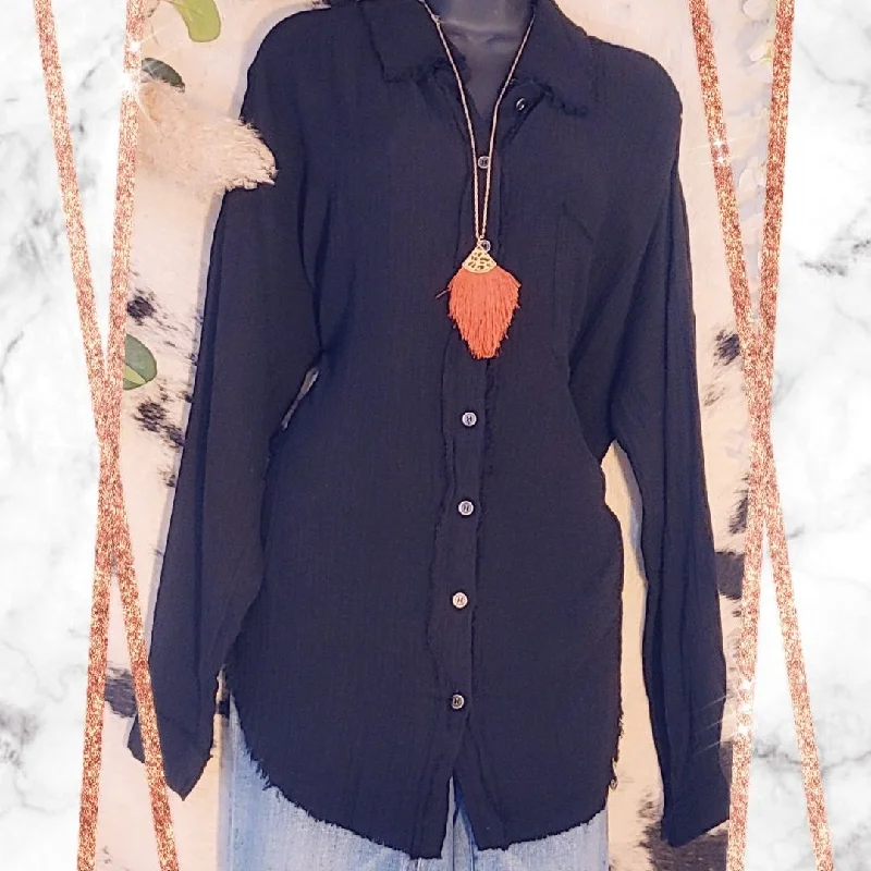 Price Drop Alert Double Gauze Oversized Raw Edge Shirt, Black
