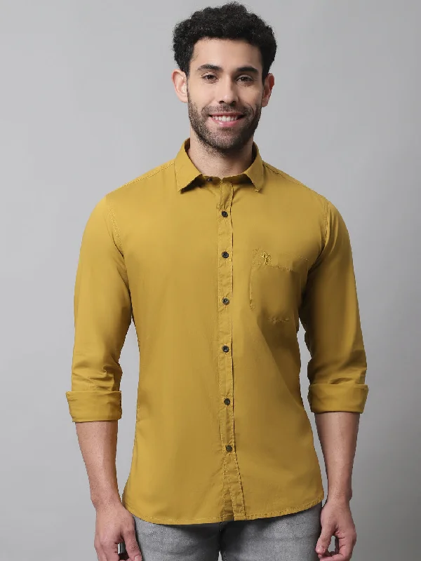 Steals and Deals Men's Mustard Casual Plain Stretch Full Sleeve Shirt