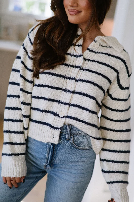 Super Savings Striped Button Knit Cardigan- Navy