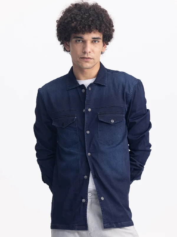 Online Only Navy Snap Button Denim Shirt
