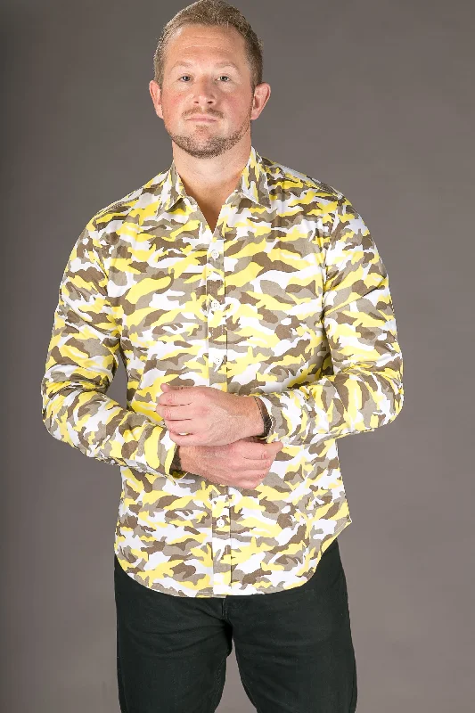 Lowest Price Camouflage Yellow Print Cotton Slim Fit Mens Shirt Long Sleeve