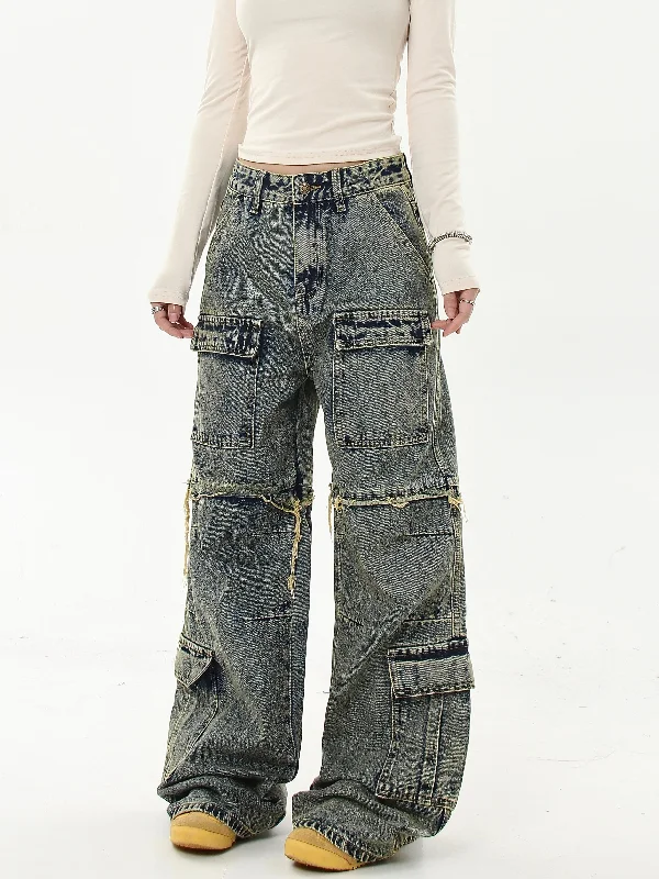 Stock Clearance Stitched Pocket Raw Edge Cargo Jeans