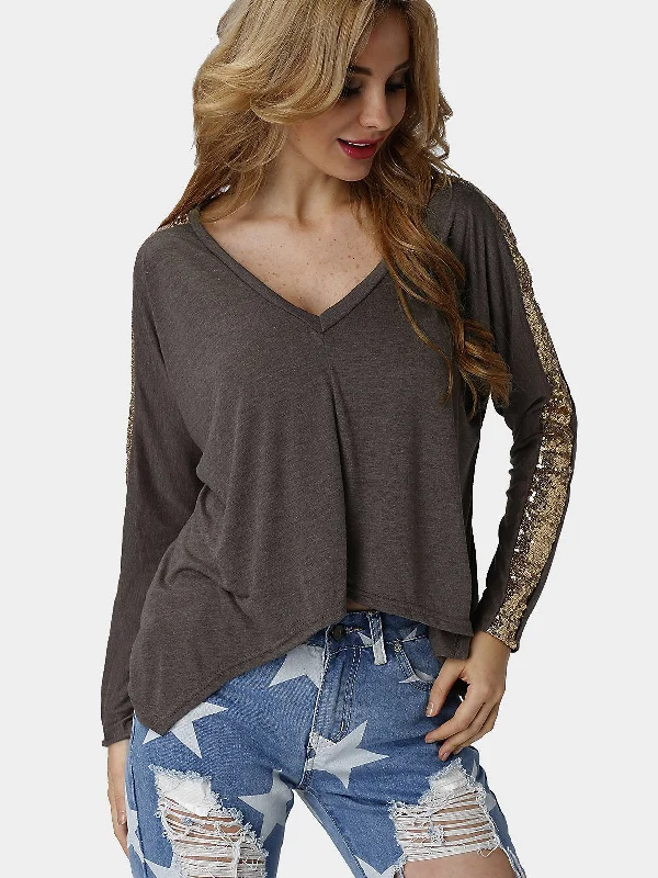 Weekend Savings Bonanza Custom V-Neck Long Sleeve Irregular Hem Khaki Top