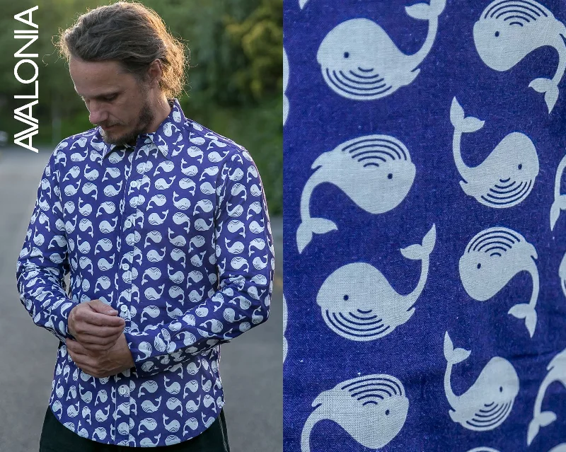Weekend Discounts to Grab Whales Blue Print Cotton Slim Fit Mens Shirt Long Sleeve