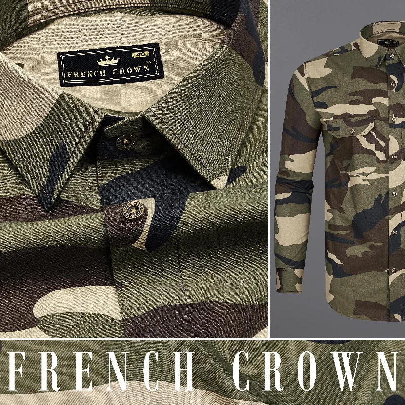 Bonus Savings Finch Green with Wenge Brown Camouflage Printed Royal Oxford Designer Shirt