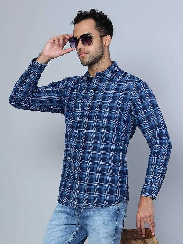 Low Price Men's Navy Blue Casual Medium Checks Full Sleeve Shirt
