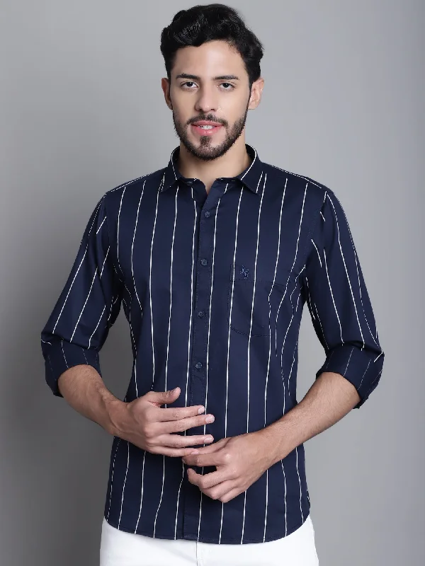 Deal Dash Men's Navy Blue Casual Stripe Print Full Sleeve Shirt