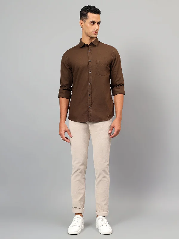 Low Prices Men's Brown Self Design Full Sleeves Casual Shirt