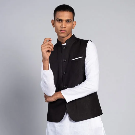 Overstock Midnight Dream Black Linen Nehru Jacket