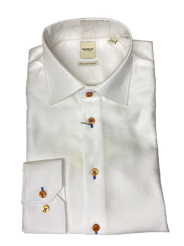 Low Price Serica Classics Semi Tapered 100% Cotton Textured Dress Shirt White with bone buttons - C2459114 21