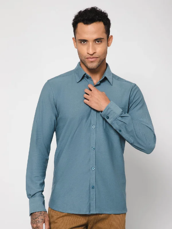 Discount Deals Men's Teal Blue Casual Knit Self Textured Full Sleeve Shirt