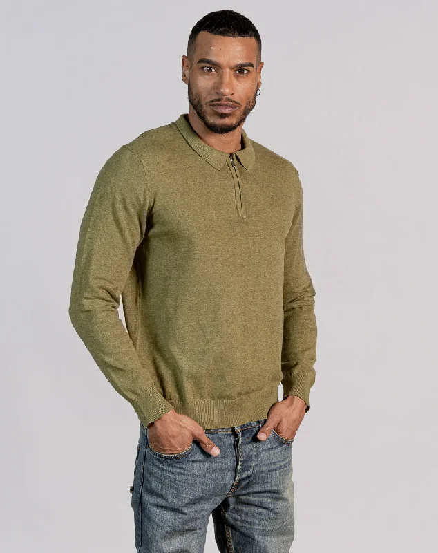 Weekend Savings Sensation ESSENTIAL LONG SLEEVE ZIPPED POLO TOP - LIGHT KHAKI MARL