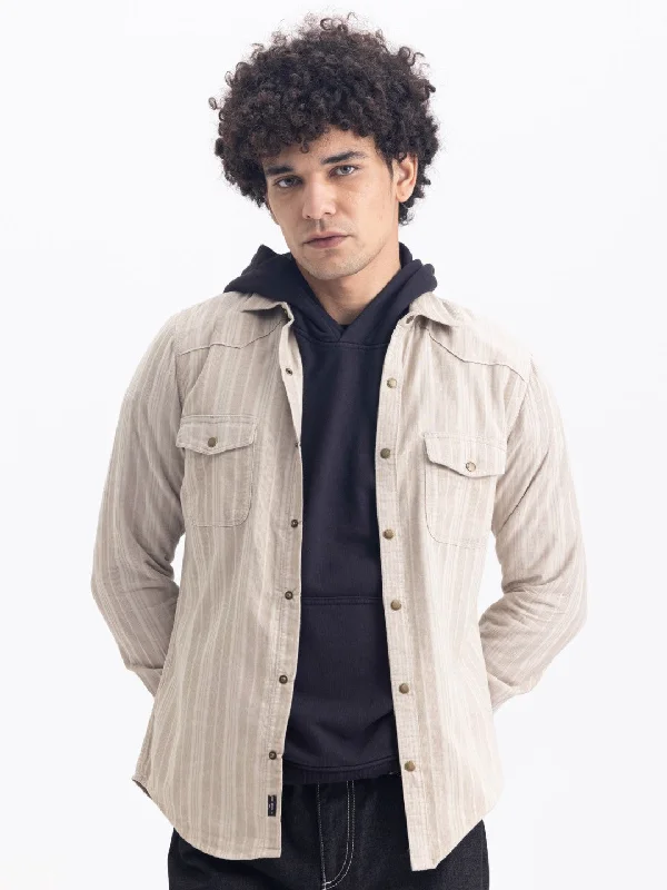 Weekend Deal Beige Striped Corduroy Shirt