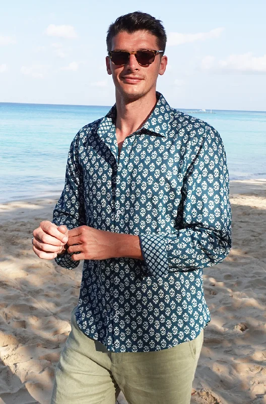 Midnight Madness Men's Printed Cotton Shirt | Star Fern Teal/White