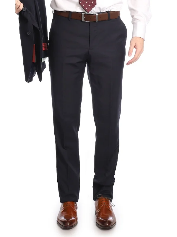 Weekend Bargains to Celebrate Raphael Slim Fit Solid Navy Blue Flat Front Washable Dress Pants Pre-hemmed
