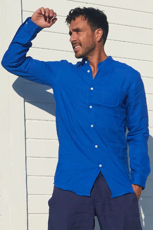 Weekend Deals That Wow Men's Nehru Collar Linen Shirt | Cobalt Blue