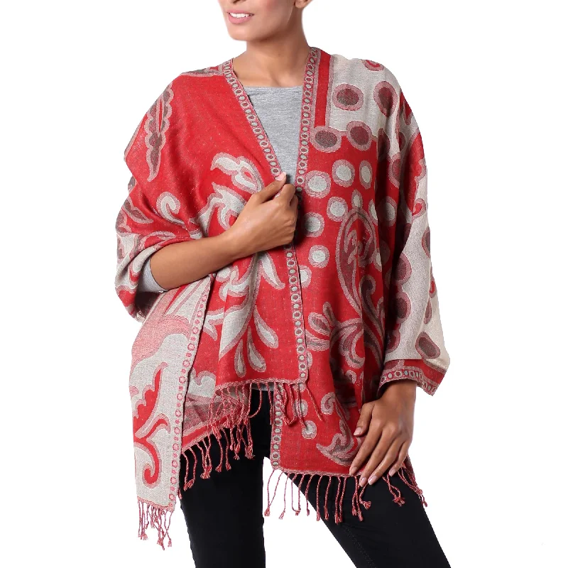 Super Bargain Modern Red Jamawar Red and Beige Modern Wool Shawl from India