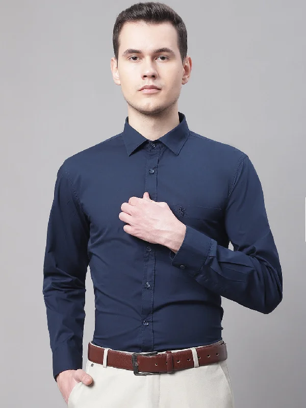 Weekend Specials to Relish Men's Navy Blue Casual Plain Stretch Full Sleeve Shirt