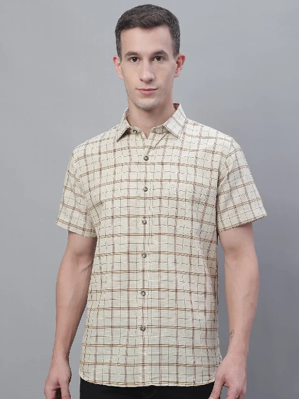 Super Sale Men's Beige Casual Big Checks Half Sleeve Shirt