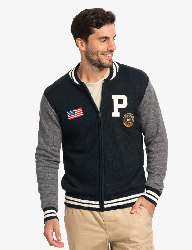 Weekend Bargains to Relish FULL ZIP PATCH VARSITY SWEATER