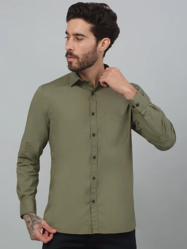 Weekend Specials to Delight Men's Olive Green Casual Plain Stretch Full Sleeve Shirt