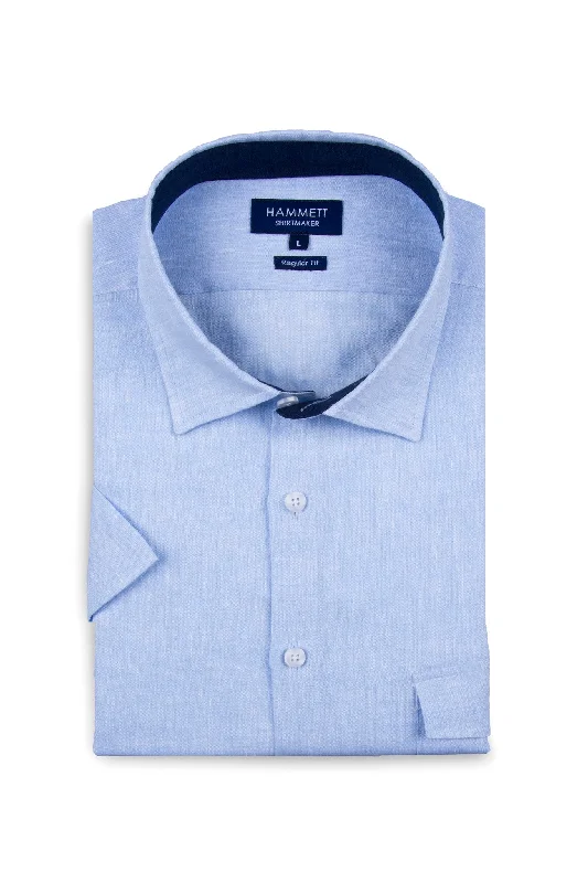 Weekend Savings Bonanza 100% Luxury Linen Mid Blue Short Sleeve Men's Casual Shirt With Flap Pocket