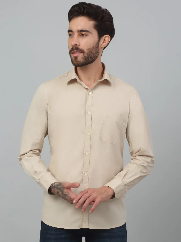 Weekend Specials to Enjoy Men's Beige Casual Plain Stretch Full Sleeve Shirt