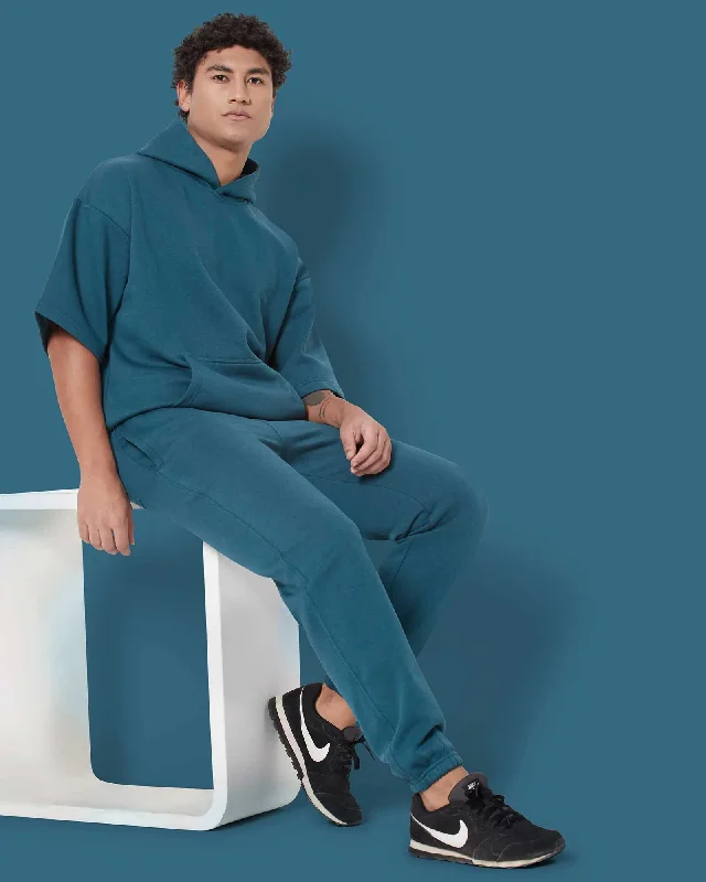 Buy More, Save More Crop Sleeves Oversized Hoodie: Deep Teal Blue