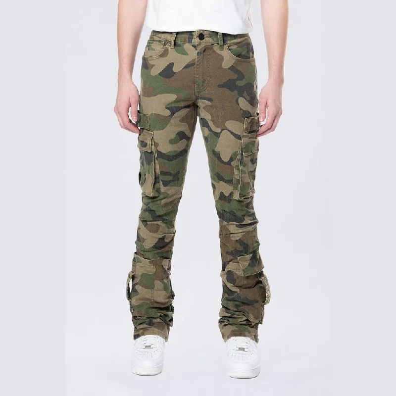 Weekend Savings Bonanza Stacked Flared Cargo Strap Canvas Pants - Wood Camo