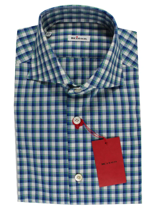 Flash Deal Kiton Dress Shirt White Royal Blue Green Brown Check 40 - 15 3/4
