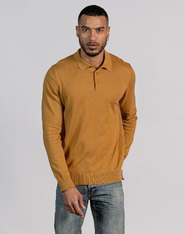 Amazing Deals ESSENTIAL LONG SLEEVE KNITTED POLO TOP - MUSTARD