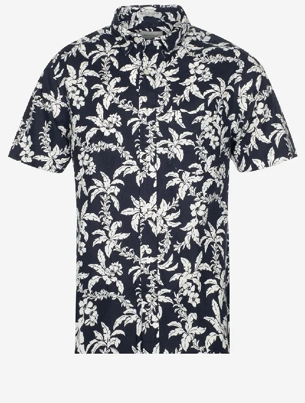 Online Exclusive Regular Cotton Linen Palm Short Sleeve Shirt Evening Blue