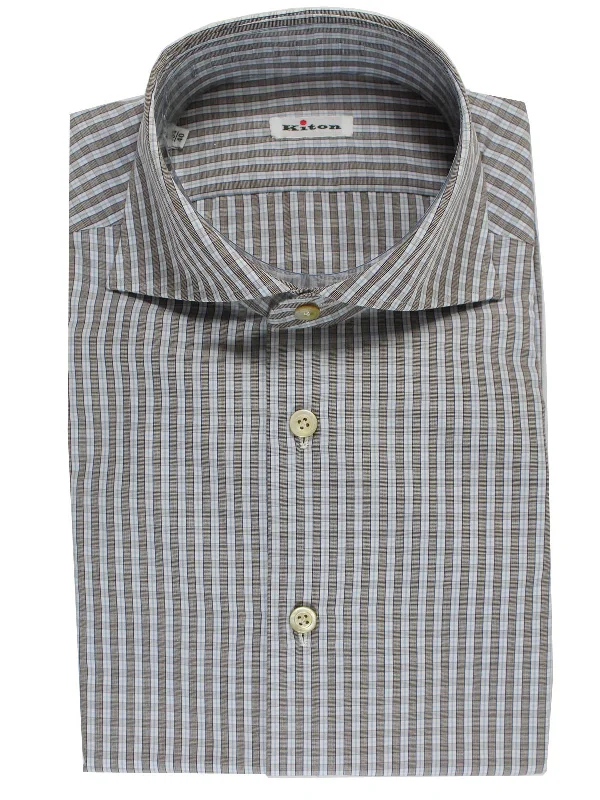 Quick Sale Kiton Dress Shirt White Brown Blue Check Spread Collar 40 - 15 3/4 SALE