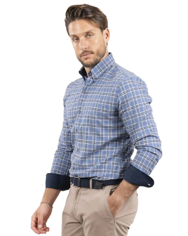 Deal Alert Slim Fit Blue Brushed Twill Check Button Down Shirt