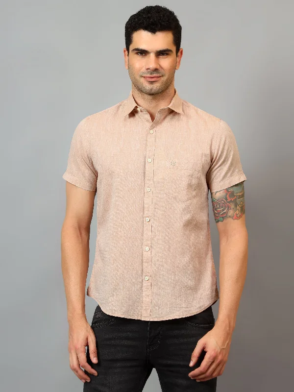 Don't Miss Out Men's Beige Casual Plain Half sleeve Shirt