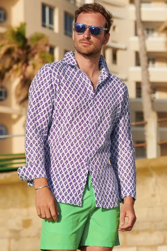 Weekend Savings Spectacle Men's Printed Linen Shirt | Trident White/Purple