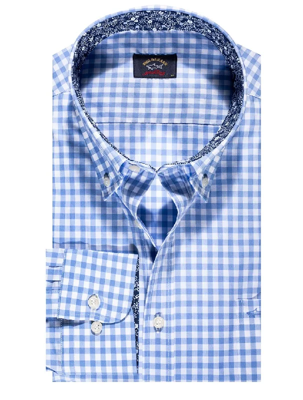 Super Bargain Floral Trim Check Shirt Blue