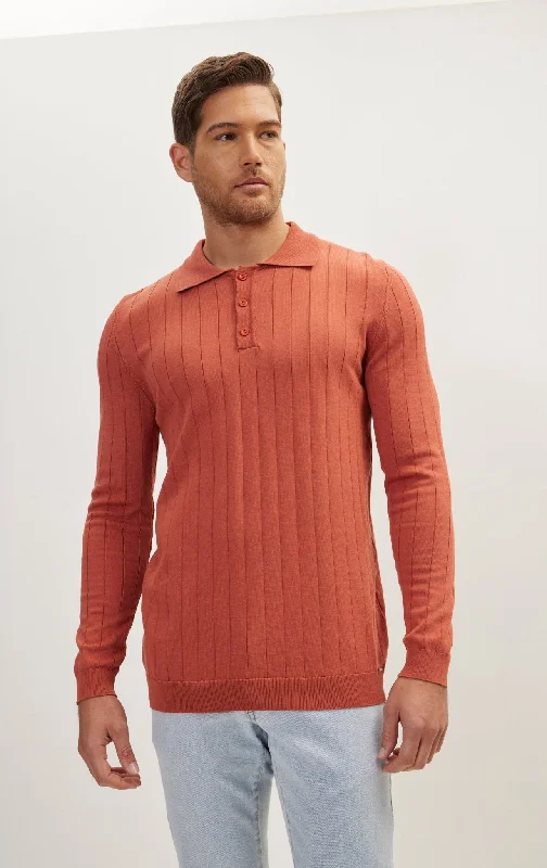 Price Reduction Slip-Stitch Polo Neck Long Sleeve Sweater - Brick